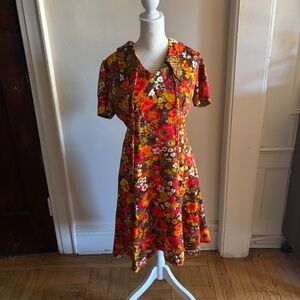 Vintage 60s 70s Colorful Floral Print Dress, Size L